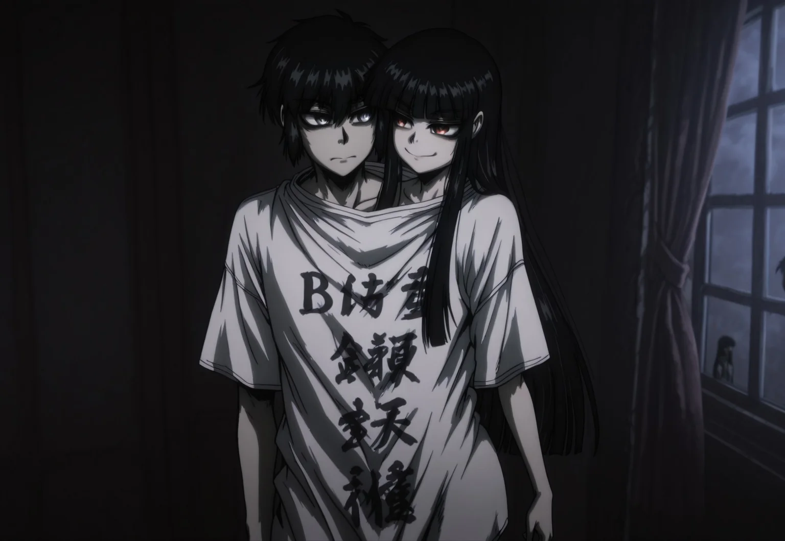 safe_pos, masterpiece, best quality, newest, dark, night, indoors, (((1boy,1girl, 1boy and 1girl, couple:1.6, friends,))) <lora:Girlycard:1> Girlycard, black hair, long hair, hime cut, blunt bangs, red eyes, small breasts, shared clothes, shared shirt, naked shirt, white shirt, t-shirt, clothes writing, oversized clothes, oversized shirt, looking at another, smug, <lora:Get Along Shirt:1>,
<lora:HYoungWalter:1> YoungWalter, solo, 1boy, male focus, black hair, short hair, blue eyes, shared clothes, shared shirt, naked shirt, white shirt, t-shirt, clothes writing, oversized clothes, oversized shirt, looking to the side, annoyed