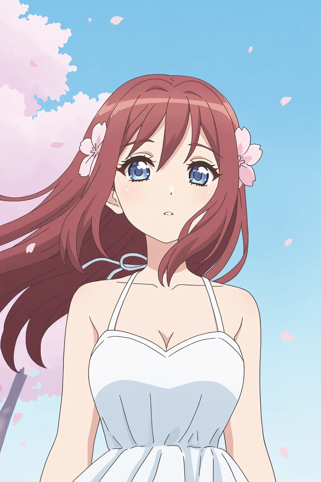 <lora:Tokyo_Mew_Mew_New:1>, Mewmewnew, 1girl, solo, breasts, blue eyes, cherry blossoms, long hair, looking at viewer, cleavage, white dress, upper body, outdoors, dress, hair ornament, tree, flower, red hair, day, medium breasts, bare shoulders, parted lips, sleeveless, hair flower, sky, blue sky, collarbone, pink flower, sleeveless dress, brown hair, sidelocks, hair between eyes, petals, spaghetti strap