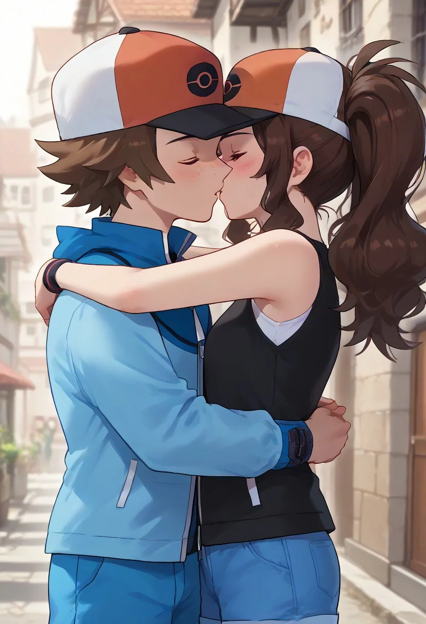 score_9,score_8_up,score_7_up, town, 2 people hugging
(1girl, pokemonhilda, blue eyes, brown hair, long hair, messy hair, ponytail, skinny, baseball cap, blue shorts, denim, hat, shorts, vest, wristband, sleeveless, black vest, white shirt, shirt,eyelashes, freckles, light blush, blushing),
Hug, hugging, kissing, eyes closed
(1man, hilbert_pokemon,hilbert (pokemon),brown hair,short hair,brown eyes,hat,baseball cap,zipper pull tab,jacket,blue jacket,long sleeves,red headwear,poke ball print)