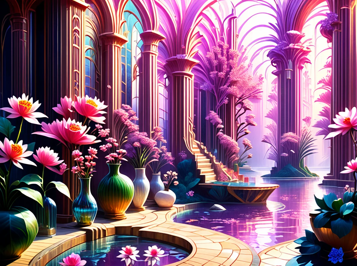 score_9,score_8_up,,score_7_up,,<lora:art_deco_pony:0.8>,source_anime,anime style,
artdecostyle,
, no humans, scenery, vase, pillar, flower, water, reflection, indoors, plant, book, light