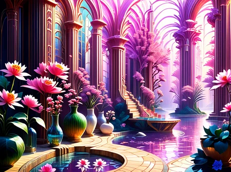 score_9,score_8_up,,score_7_up,,<lora:art_deco_pony:0.8>,source_anime,anime style,
artdecostyle,
, no humans, scenery, vase, pillar, flower, water, reflection, indoors, plant, book, light