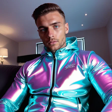 hot fuckboy in a pearl iridescent tracksuit, POV, looking at viewer, intimate lighting,