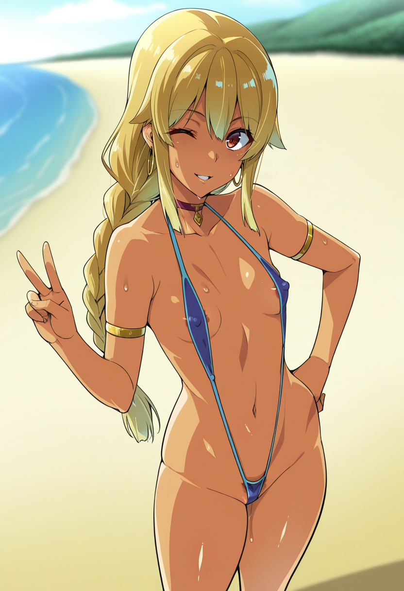 masterpiece, best quality, <lora:Takeda_Hiromitsu:1> T4k3d4H1r0m1ts0, 1girl, solo, portrait, standing, hand on own hip, v, shiny skin, sweat, ;d, parted lips, light smile, small breasts, thick thighs, skinny, tan,blonde hair, long braid, sidelocks, slingshot swimsuit, areola slip, pubic hair peek, impossible clothes, choker, hoop earrings, skindentation, covered nipples, armlet, outdoors, beach,