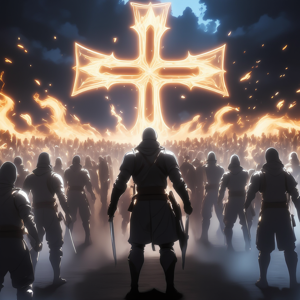 anime, Templar warrior in attack formation with giant cross behind him.   <lora:Add_More_details_Flux:0.8>  <lora:FadooStyleV2_r1:1> FADOOSTYLEV2