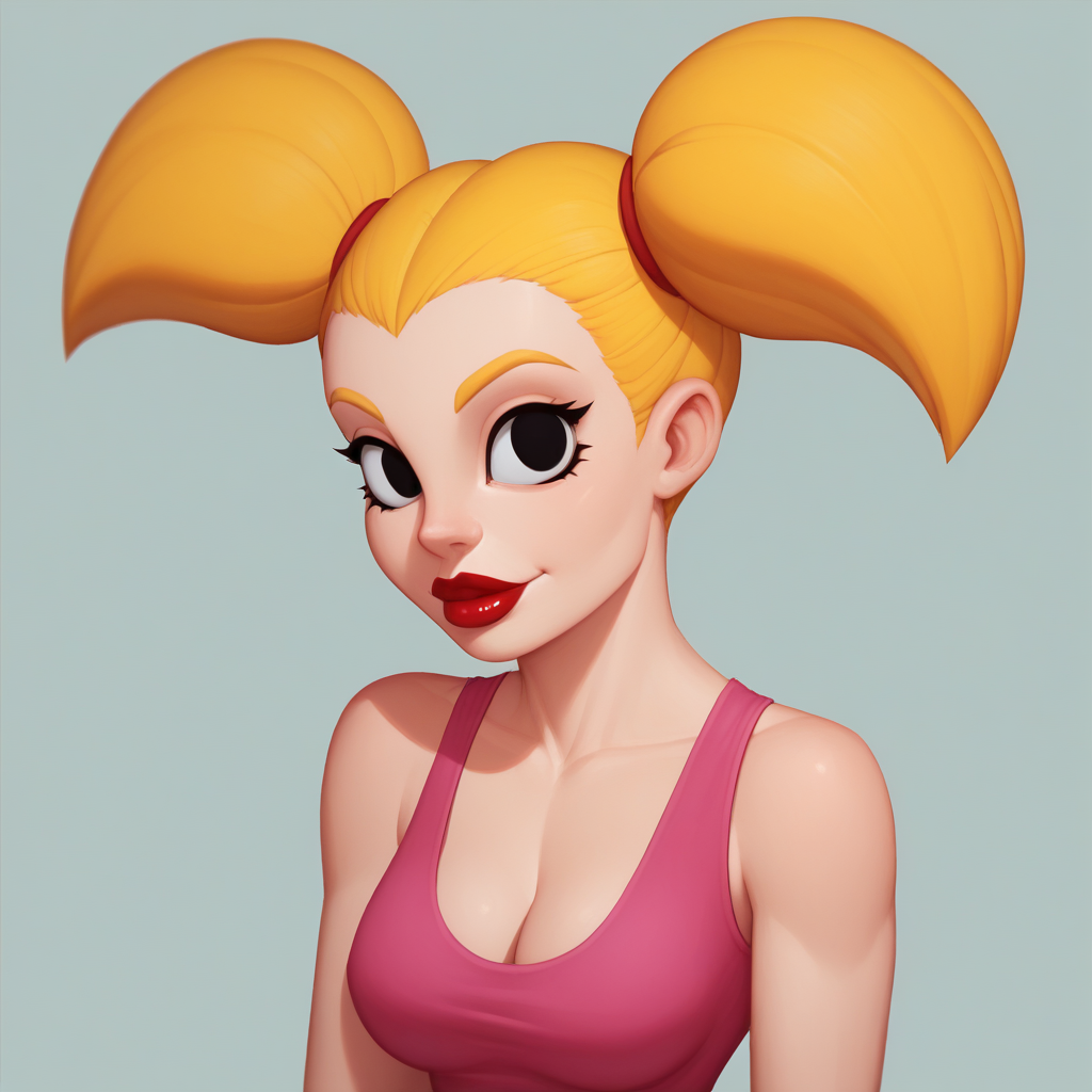 score_8_up, BREAK,  Candi, 1girl, solo, blonde hair, twintails, black eyes, red lips, pink dress, sleeveless, cleavage,  <lora:Candi_DexterLab_PXL_Leaf1:1>, portrait, looking at viewer,