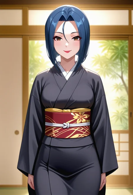 masterpiece, best quality, amazing quality, 1girl, solo, cowboy shot, renww, brown eyes, blue hair, medium hair , parted bangs, forehead, medium breasts, makeup, lipstick, japanese clothes, black kimono, obi, sash, looking at viewer, smile, indoors, day, skindentation, detailed clothing folds, depth of field, sharp, high contrast, dynamic light <lora:Seto_Ren_Seto_no_Hanayome_ill_v10:0.9>