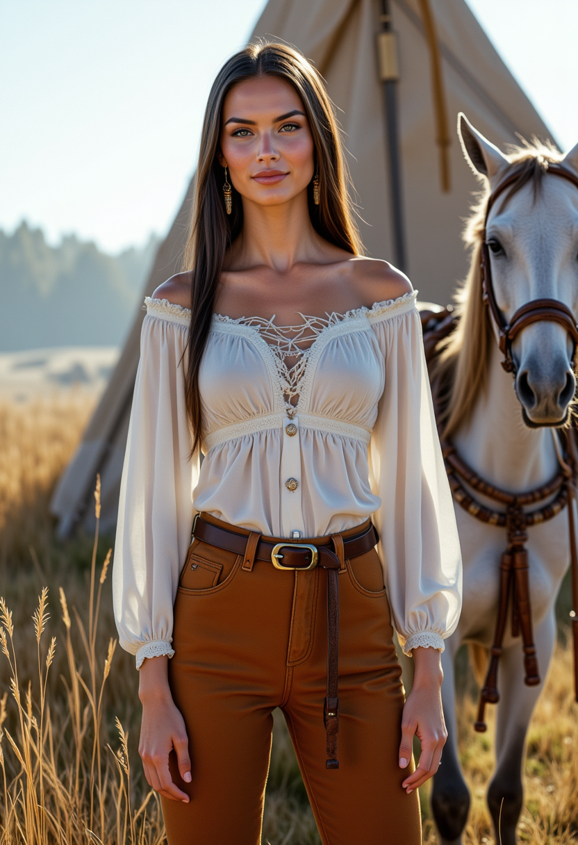 full body view, She is approximately 18 years old. Hyperrealism, she is looking at the camera, (dynamic angles), profile headshots of a beautiful, stunning unique female character.  she has braid dark hair. her eyes are filled with joy and excitement, extravagant eyelashes. a photo of Maid3n, she is wearing a white frilly shirt. and buckskin pants. The woman is posing confidently. a tipi and tall grass in the background. She has a slight smile on her face and is looking directly at the camera. making this image a masterpiece of photography and digital art. realistic. making this image a masterpiece of photography and digital art. Style: realistic hyper-detailed rendering, 32k UHD, expressive eyes, punk, graphic design, girl's face, pretty and cute, gleaming lips, telling a tale of adventure. Exuding confidence and serenity. The overall mood of the image is happy and relaxed,detailed skin texture,(blush:0.2),(goosebumps:0.3),subsurface scattering,whimsical,Detailed hand, Perfect hand. Perfection style. is posing on a grey horse. she is wearing brown leather boots. She is wearing a white shirt and brown buckskin pants. The scene is set outdoors, there is a tipi visible in the background. The photo is taken in a full body shot, focusing on Maid3n and her horse.. making this image a masterpiece of photography and digital art. realistic. making this image a masterpiece of photography and digital art. Style: realistic hyper-detailed rendering, 32k UHD, expressive eyes, punk, graphic design, girl's face, pretty and cute, gleaming lips, telling a tale of adventure. Exuding confidence and serenity. The overall mood of the image is happy and relaxed,detailed skin texture,(blush:0.2),(goosebumps:0.3),subsurface scattering,whimsical,Detailed hand, Perfect hand. Perfection style.