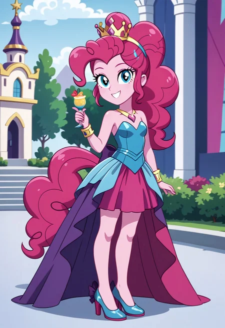 score_9, score_8_up, score_7_up, score_6_up, from My Little Pony Equestria Girls, a very young little human girl Pinkie_Pie wearing a fit blue|sky|green|brown|darkpurple|red|yellow gradients colors short princess dress, elegant detailed princess shoes, solo, 1girl, little princess girl, gradient dark pink hair with crown hairband, smile, childhood, looking at viewer, glow detailed eyes, garden of canterlot, tul, chiffon, laces, semi realistic cartoon, unreal engine 5, full body close-up, absurdres, digital art, soft light, perfect hands, perfect, hands, perfection, soft pink skin, skyblue eyes, party accesories and shoes, jewelry, tres chic,<lora:age_slider_v4:-4>,