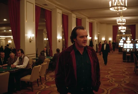 Shin1ng, Jack Torrance, luxury casino, people, Overlook Hotel, indoors, (stylish grainy 35mm analog film photo)