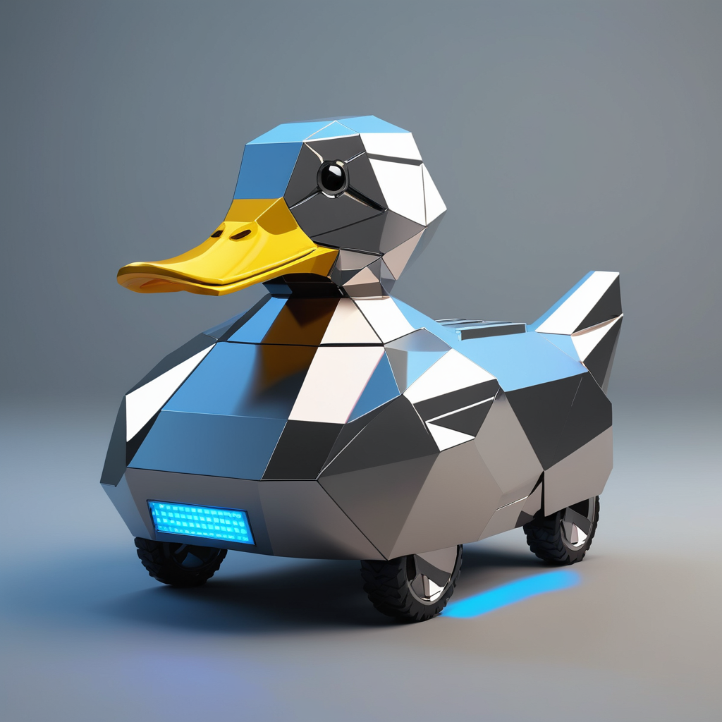 a low poly duck made from stainless steel in the style of a cybertruck, led headlights