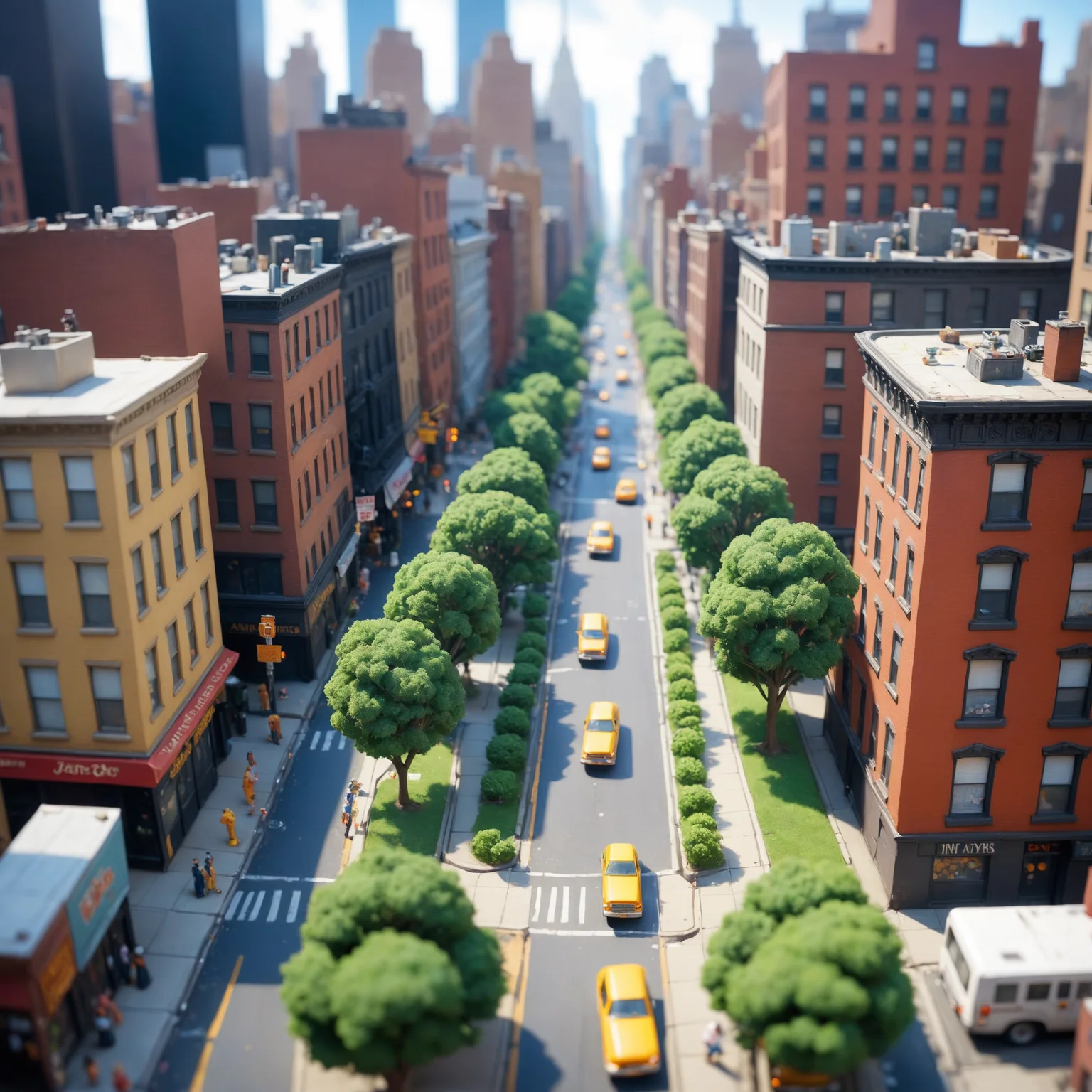 a classic landscape painting of tilt shift photography of a new york city street from above , by John Anster Fitzgerald, anime niji illustration Diane Arbus