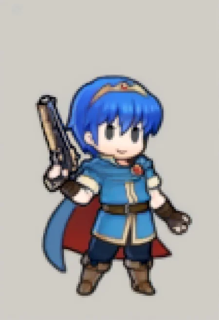 masterpiece, best quality, solo, 1boy, smile, <lora:Feh-Sprites-illus_Fp:1>, chibi, full body, simple background, holding gun, marth \(fire emblem\), cape, handgun,
