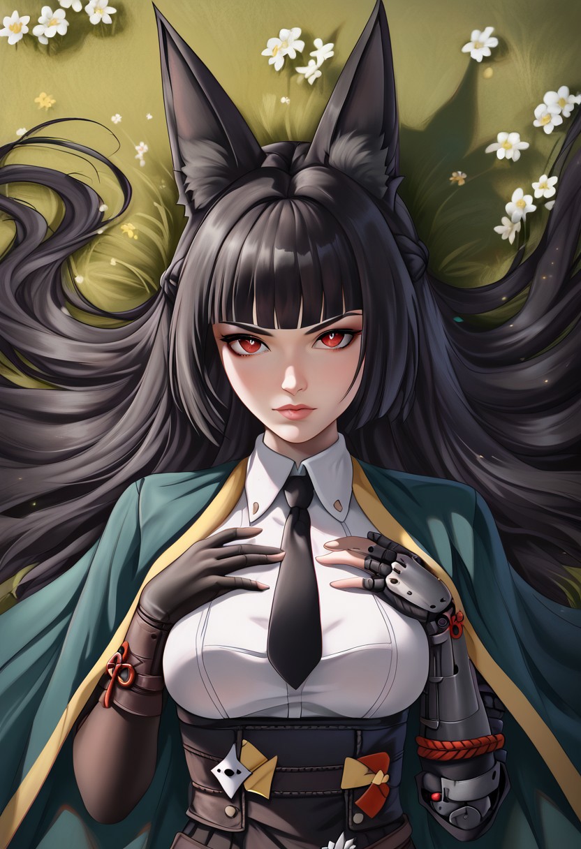 hoshimi, red eyes, black hair, very long hair, blunt bangs, braid, fox ears
green cape, jacket on shoulders, fingerless gloves, left mechanical arm, gauntlets, white shirt, long sleeves, black necktie, black skirt, high-waist skirt, pantyhose, long skirt, pleated skirt, side slit
look up, 
solo, lying, grass and flowers, hair spread out on the ground, hands on chest,
view from above, close view, upper body on image, face on image
Detailed background, detailed, DNDFG, Detailed drawing, Fixhand