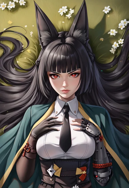 hoshimi, red eyes, black hair, very long hair, blunt bangs, braid, fox ears
green cape, jacket on shoulders, fingerless gloves, left mechanical arm, gauntlets, white shirt, long sleeves, black necktie, black skirt, high-waist skirt, pantyhose, long skirt, pleated skirt, side slit
look up,
solo, lying, grass and flowers, hair spread out on the ground, hands on chest,
view from above, close view, upper body on image, face on image
Detailed background, detailed, DNDFG, Detailed drawing, Fixhand