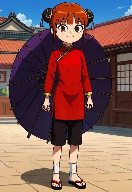 score_9, score_8_up, score_7_up, 1girl, solo, Fiore_DC, light skin, brown eyes, red hair, short hair, Double bun, bun cover, black bun cover, bangs, white socks, sandals, Chinese clothes, China dress, red cheongsam, long sleeves, black pants, big eyes, young, petite, small body, short body, child, flat chested, social smile, perfect eyes, perfect smile, looking at the viewer, detailed eyes, perfect eyes, standing, five fingers, perfect hands, umbrella, purple japanese umbrella, hand holding umbrella, high-tech oedo town, blue sky, daytime, good weather, nice