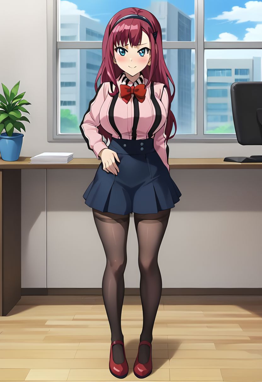 BREAK score_9, score_8_up, score_7_up, anime style, Christina Kuroda, full body, huge breasts, wide hips, thick thighs, whites skin, pink hair, long hair, blue skirt, pink shirt, shirt with black stripes, blue eyes, red bowtie, black headband with the Beyblade symbol, skirt with four buttons and two white stripes, long black stockings, red shoes, background office, looking at viewer, seductive