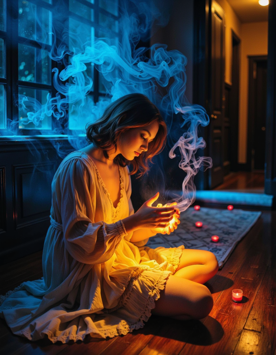 This is a highly stylized and dramatic photograph of a young woman in a dimly lit room, likely Gothic or Victorian in style. The image is bathed in a soft, blue and orange light, with thick, swirling smoke emanating from a nearby source, adding a mystical and ethereal quality to the scene. The woman, who appears to be of mixed ethnicity, has wavy, shoulder-length brown hair and is dressed in a loose, flowing, light-colored dress with long sleeves and ruffled edges. She is seated on the wooden floor, her legs tucked under her, and her posture is slightly leaning forward.
Her expression is pensive and serene, her eyes closed and her lips slightly parted. She holds a small, glowing object in her hands, which casts a warm, golden light on her face and dress. The room is decorated with dark wood paneling and has an open door on the right side, allowing a glimpse of a hallway beyond. The floor is polished wood and red and orange objects are scattered about, perhaps candles or firelight, adding to the intense, almost supernatural mood of the photograph. <lora:Synesthesia:0.45>