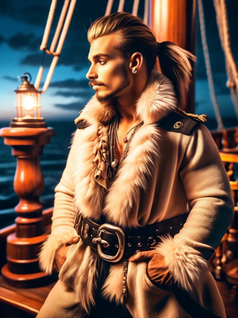 male instagram model, wearing fur pirates, on a ship, at the ocean, at night, moonlight, moonshine, glamour shot, perfect photoshoot, <lora:furpirate-000004:0.9>