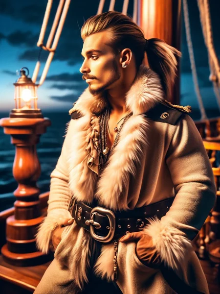 male instagram model, wearing fur pirates, on a ship, at the ocean, at night, moonlight, moonshine, glamour shot, perfect photoshoot, <lora:furpirate-000004:0.9>