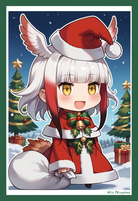 score_9, score_8_up, score_7_up, masterpiece, best quality, zzPadoru, blush, smile, open mouth, meme, holding sack, santa hat, dress, 1girl, solo, japanese crested ibis (kemono friends), head wings, multicolored hair, two-tone hair, white hair, red hair, long hair, blunt bangs, bangs, sidelocks, yellow eyes, bird tail, tail, long sleeves, wide sleeves, chibi, snow, Christmas tree, Christmas lights, Christmas border, red and green border, Christmas wreath border, presents, Christmas_card_outline