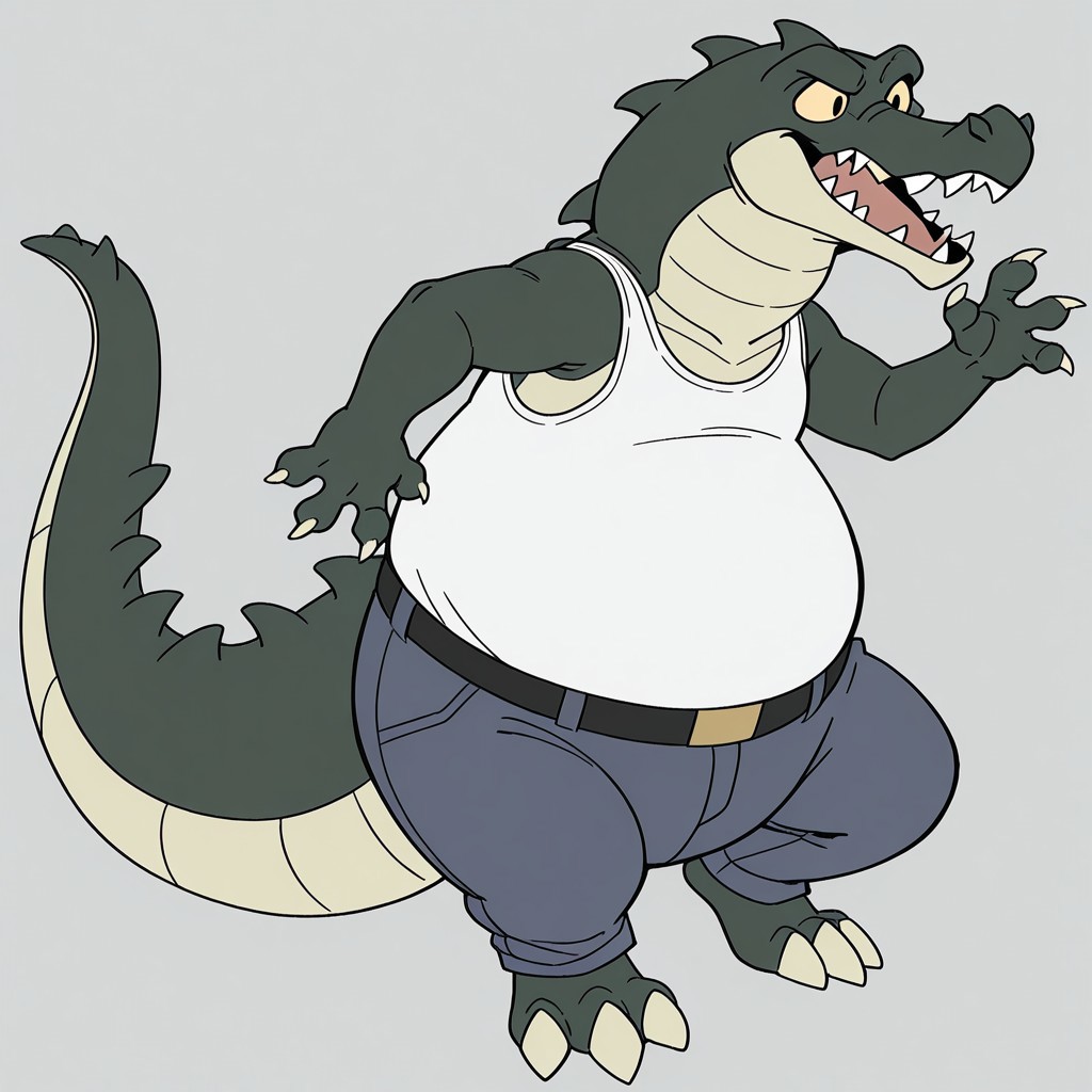 1boy, solo, official art, masterpiece, best quality, amazing quality, male, males only, male focus, Carv, crocodile, scalie, green skin, tan belly scales, head spikes, tail spikes, claws, tan claws, 4 fingers, 3 toes, tan sclera, black pupils, long snout, sharp teeth, long tail, bottom heavy, overweight, big belly, white tank top, blue jeans, belt, male, solo, high quality, detailed, amazing shading, digital art, masterpiece