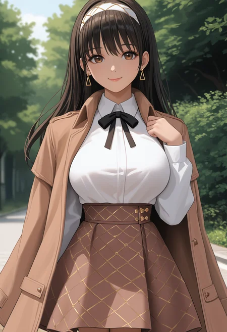 score_7_up, source_anime BREAK 1girl, solo, <lora:diesel-nikke-richy-v1_pdxl:1> dslpnk, brown eyes, black hair, long hair, bangs, large breasts, earrings, white hairband, black ribbon, neck ribbon, white shirt, collared shirt,  brown skirt, brown coat, coat on shoulders, high-waist skirt, standing, looking at viewer, closed mouth, smile