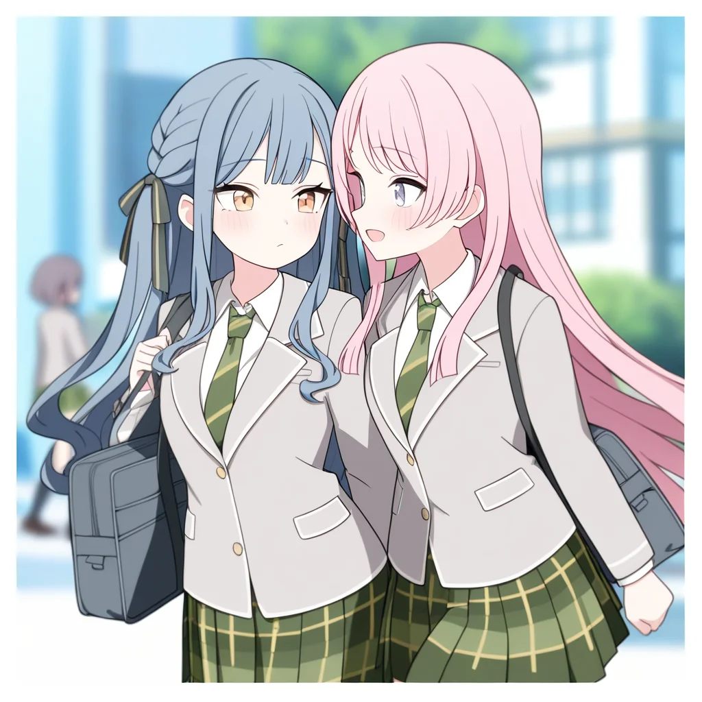 <lora:MyGo_IlluXL:0.6>, 3girls, yuri, chihaya anon, takamatsu tomori, togawa sakiko, looking at another, blush, walking, street, white border, blurry background, haneoka school uniform, green skirt, plaid skirt, pleated skirt, grey jacket, blazer, long sleeves, white shirt, green necktie, diagonal-striped necktie, cowboy shot, school bag,, masterpiece, best quality, highres, very aesthetic, absurdres, (blue archive official art :0.6),(jyt:0.6),(rotroto:0.6),