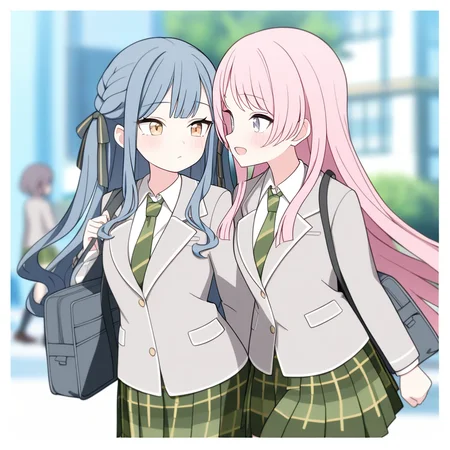 <lora:MyGo_IlluXL:0.6>, 3girls, yuri, chihaya anon, takamatsu tomori, togawa sakiko, looking at another, blush, walking, street, white border, blurry background, haneoka school uniform, green skirt, plaid skirt, pleated skirt, grey jacket, blazer, long sleeves, white shirt, green necktie, diagonal-striped necktie, cowboy shot, school bag,, masterpiece, best quality, highres, very aesthetic, absurdres, (blue archive official art :0.6),(jyt:0.6),(rotroto:0.6),