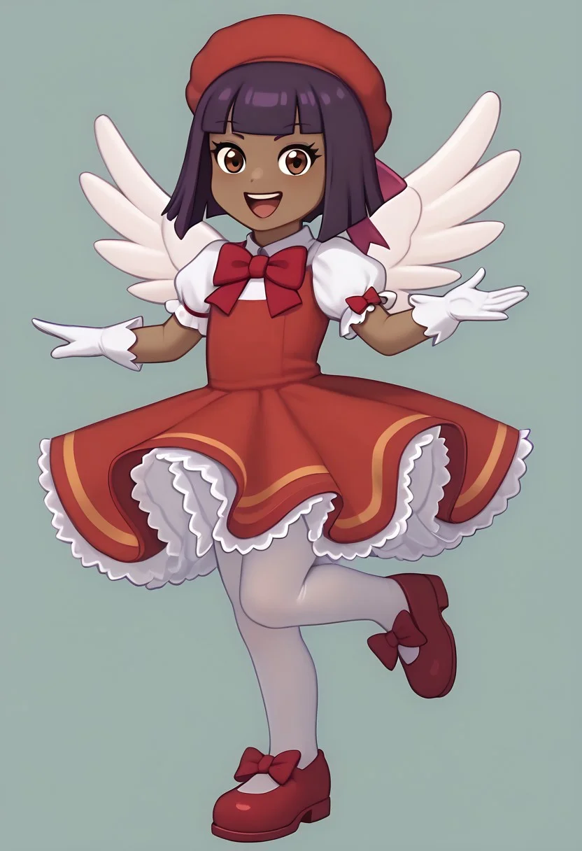 score_9, score_8_up, score_7_up, BREAK RuePS, 1girl, brown skin, purple bobcut, blunt bangs, brown eyes, cgi, source_cgi, full body, happy, sakurakinomotocosplay, kinomoto sakura \(cosplay\), bow, bowtie, dress, gloves, hat, magical girl, pantyhose, petticoat, ppuffy short sleeves, puffy sleeves, red bow, red bowtie, red dress, red hat, short sleeves, white gloves, white pantyhose, white wings, wings,