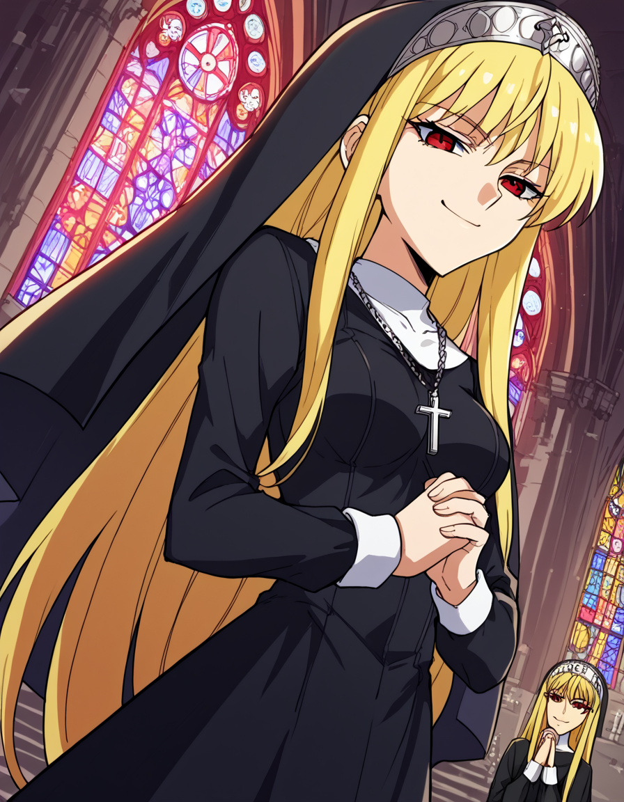 score_9, score_8_up, score_7_up, source_anime, <lora:kaibutsuoujo-liliane-s1-ponyxl-lora-nochekaiser:1>, liliane, long hair, blonde hair, red eyes, very long hair, tiara, medium breasts,, <lora:traditional-nun-ponyxl-lora-nochekaiser:1>, traditional nun, nun, habit, long sleeves, dress, black dress, jewelry, black veil, cross, cross necklace,, church, smug, praying,, , dutch angle, cowboy shot