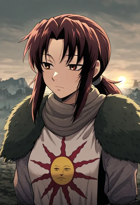 masterpiece, best quality, newest, absurdres, highres, anime, anime style, 1girl, revy_(black_lagoon), SOA-ARMOR-V1.0, armor, sun symbol, chainmail, full armor,
