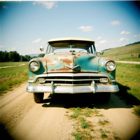 Shot with a Holga camera, a classic car parked on a rural dirt road, the vibrant colors of the car slightly faded, and the surrounding landscape softly out of focus.