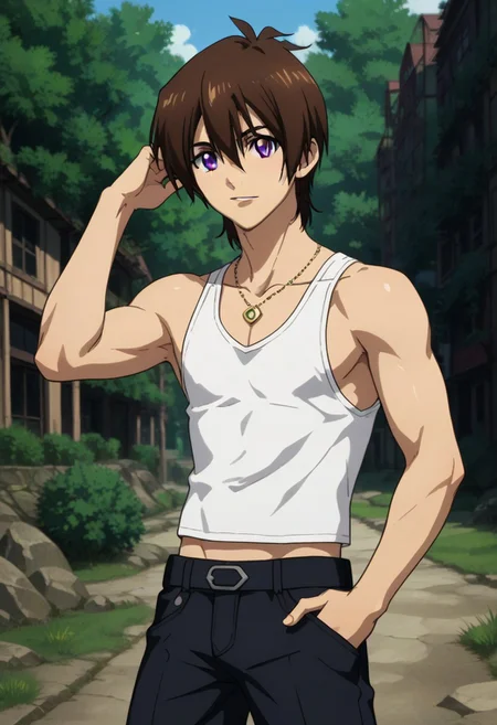 ((masterpiece)), ((best quality)), ((ultra-detailed)), ((absurdres)), score_9_up, score_8_up, score_7_up,
HD, top quality, best quality, amazing quality, High-quality illustrations, anime screencap, source_anime, best aesthetic, perfect proportions, perfect eyes, 1boy, 1male, male anime character, anime boy, solo male, male focus, handsome, attractive, cute, sexy, ((lean body, fit body, athletic body)), ((tall, tall body, tall height)), looking at viewer, looking at front, front shot, front view, Tusk, brown hair, purple eyes, necklace, white tank top, cowboy shot, head to hips shot, ((semi side view)), hand on hip pose