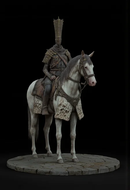 decayed non humanoid plagued Obscure medieval military armored rotting postulant horse without a rider
Standing on a flat ground
Set against a solid dark black color background to emphasize its unsettling unnatural form that emphasizes its silhouette. The medium is not a traditional painting or illustrative medium like watercolor or ink but rather a digital 3D rendering.
MikeFranchinastyle, bbstyle,, horror theme,, ZBClay model of a gray sculpture, zbrush, d4arks0uls, overcast lighting