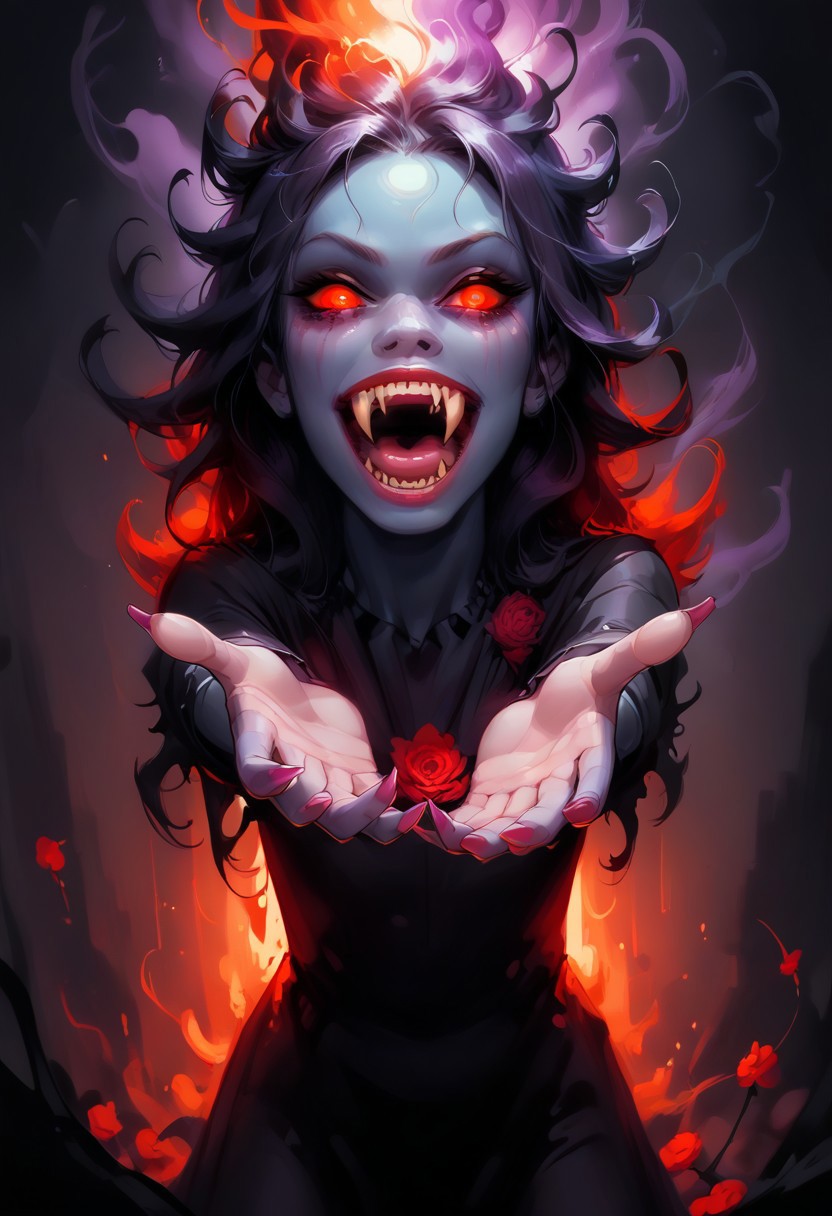 score_9,score_8_up,score_7_up, 1girl, blue skin, red fiery hair, purple aura, purple claws, (glowing eyes), alluring, innocent, seductive smile, tear, (reaching towards viewer:1.4), outstretched arm, reaching, rustic background, purple and red flowers, purple smoke, kneeling, in a river, magic forest, horror(\theme), dark aura, fangs, sharp teeth, fang, Perfect Fangs,