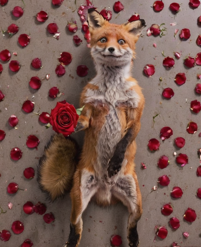 american beauty movie poster reenact by a fox, failing rose pedals, seductive, cinematic, perfect composition, looking sideways, low budget version,  <lora:- SDXL - stnerfx _Stoned_Fox_Style_V4.0:0.7>