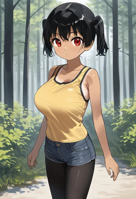 outdoors,nature,
solo,
KannaSasaki,1girl,black hair,short twintails,red eyes,tan
large breasts,
yellow tank top,
denim shorts,pantyhose,
standing,