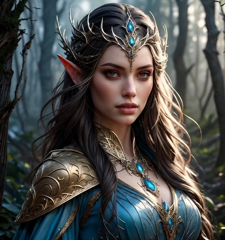RAW photo, (masterpiece:1.3), subsurface scattering, heavy shadow, (high quality:1.4), (intricate, high detail:1.2), professional photography, HDR, High Dynamic Range, realistic, ultra realistic, photorealistic, high resolution, film photography, ambient lighting, atmospheric effects, <lora:detail_slider_v4:2>, OverallDetail, <lora:ElfQueen:1>, 1girl, as an elven noble, elfqueen, jewelry, looking at viewer, upper body, intricate blue dress, cape, upper body shot, dark hair, outside in the forest