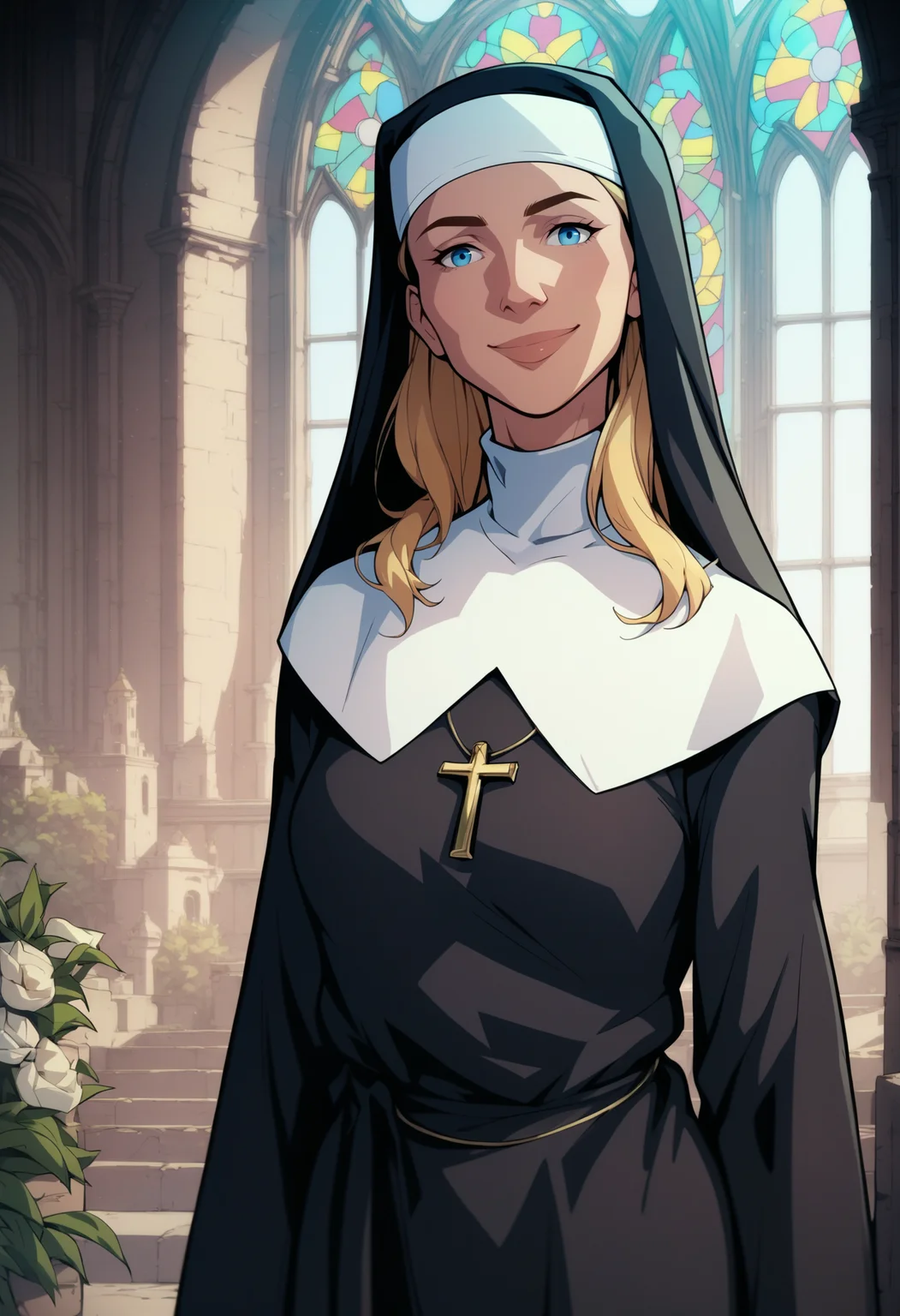 score_9, score_8_up, score_7_up, score_6_up, score_5_up, score_4_up, BREAK,
1girl, blonde hair, blue eyes, long hair, nun, boots, dress, hat, robe,
upper body, warm smile, looking at viewer, solo, standing, church background <lora:PhilBourrassaXLLocon:1>