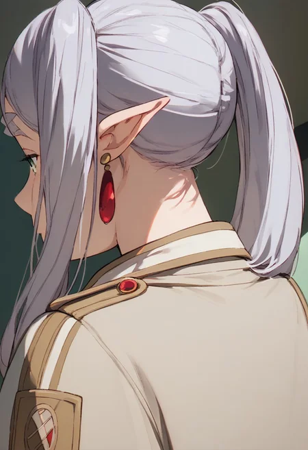 (score_9, score_8_up, score_7_up), close_up_shot_back_right a 1girl, frieren, green eyes, grey hair, twintails, thick eyebrows, pointy ears, earrings, walking down a train track, cam_shot, cam_shot_lora