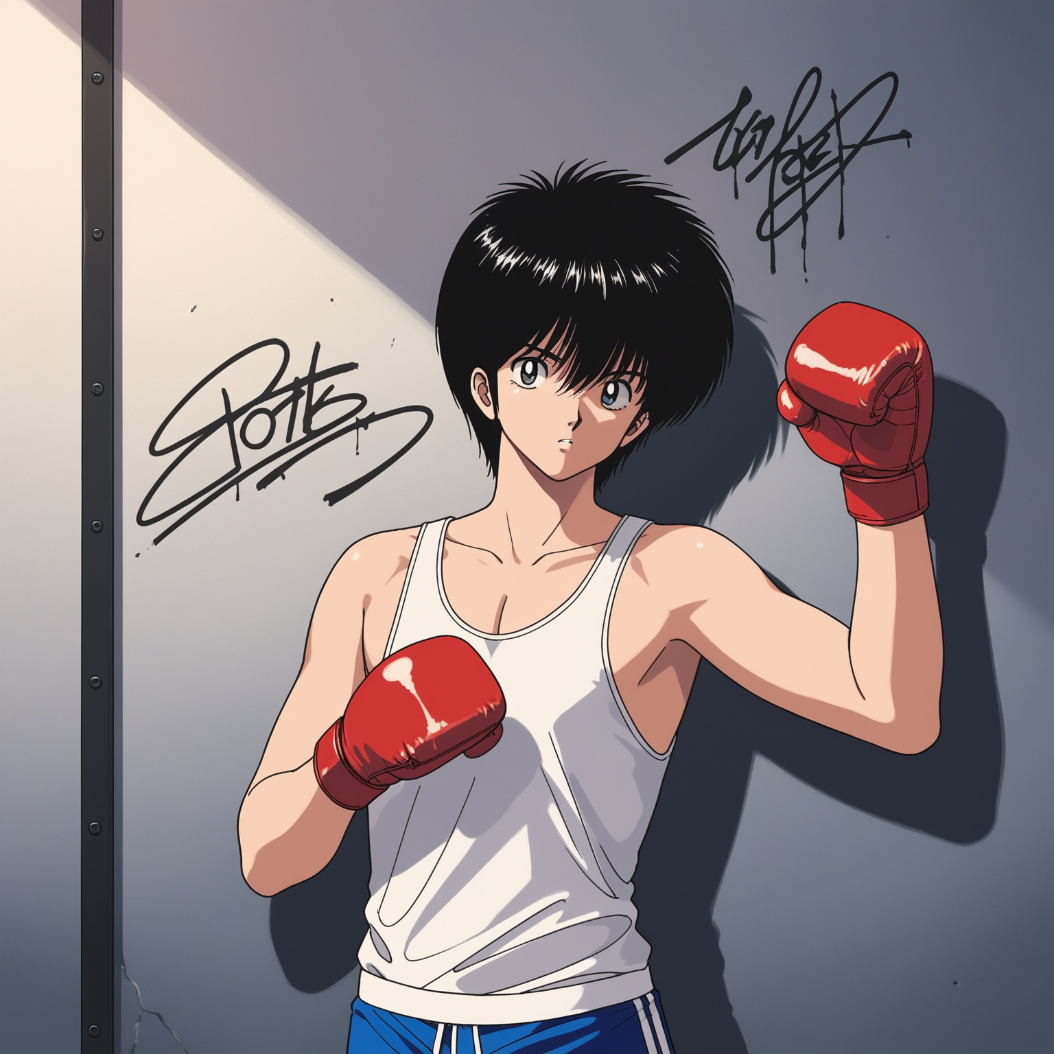 score_9,score_8_up,score_7_up, score_6_up, source_anime, 1boy, solo, black hair, short hair, boxing_gloves,  boxing_shorts, hand up, hand on own waist, against wall, graffiti, indoors, retro artstyle, upper body, tank top, looking at viewer, gym, front view, hair between eyes, drop shadow, dirty wall,