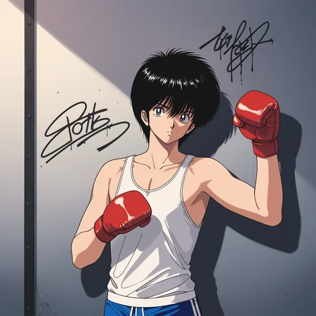 score_9,score_8_up,score_7_up, score_6_up, source_anime, 1boy, solo, black hair, short hair, boxing_gloves, boxing_shorts, hand up, hand on own waist, against wall, graffiti, indoors, retro artstyle, upper body, tank top, looking at viewer, gym, front view, hair between eyes, drop shadow, dirty wall,