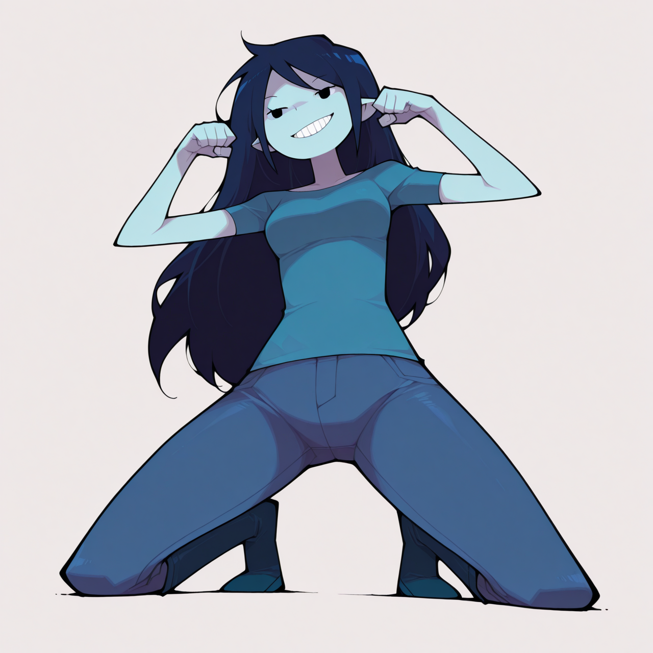 1girl, solo,
Marceline Abadeer, Adventure Time, 
 simple background, white background, (from below :1.3) grin   pose, (kneeling , ,
open mouth ,
 <lora:DarkfireStyle19:1.25>