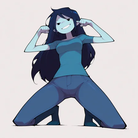 1girl, solo,
Marceline Abadeer, Adventure Time,
simple background, white background, (from below :1.3) grin pose, (kneeling , ,
open mouth ,
<lora:DarkfireStyle19:1.25>