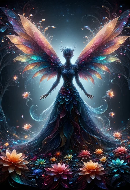 A fantasy scene of an enchanted forest at night, where the trees are adorned with glowing bioluminescent flowers and creatures, casting a magical light across the forest floor, made out of iridescent flower petals, <lora:PinkieIriFlwrsSDXL-v1:1>, p1nk1r1fl0wers,