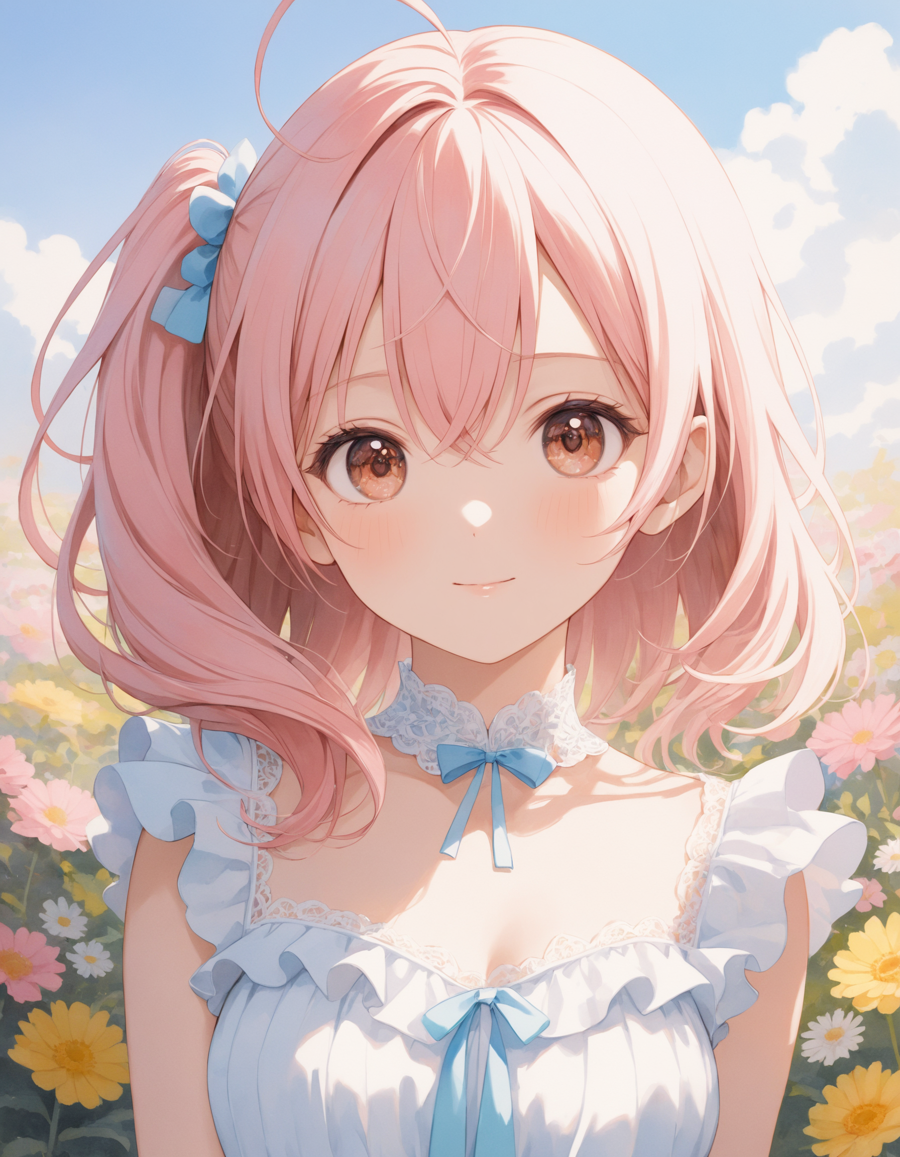 SceneDescription:
  - Composition: Portrait. Face focus. Shooting from front.
  - Subject: A cute girl.
    - Characteristics:
      - Face: (Cute round face:1.2).
      - Eyes: Detailed brown eyes.
      - Hair: Wavy hair, side ponytail, pale pink hair, ahoge and hair between eyes.
      - Body: Detailed slender body. Medium breasts.
      - Clothing: White chiffon a-line dress, flutter short sleeves, layered ruffled skirt and ribbon waist.
      - Expression: Happy expression. Close mouth.
      - Posing: Contrapposto. Head tilt. Looking at viewer.
  - Background: Fashionable flower garden.
    - Elements: Blue sky.
Time: Daytime.
Lighting: (Natural lighting:1.4).
ArtStyle: Watercolor. Traditional media. Blurry. Pale pastel colors.
Quality: Intricate details. Extremely detailed. Outstanding intricacies. (Masterpiece:1.2). (Best quality:1.2). (Absurdres absolutely resolution:1.4).
Mood: Pastel atmosphere.
<lora:flat_sdxl:0.2>