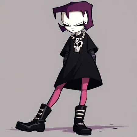 score_9, score_8_up, score_7_up BREAK GazIZ, 1girl, purple bob cut, pale skin, closed eyes, black dress, long gray sleeves, skull necklace, pink leggings, black boots,