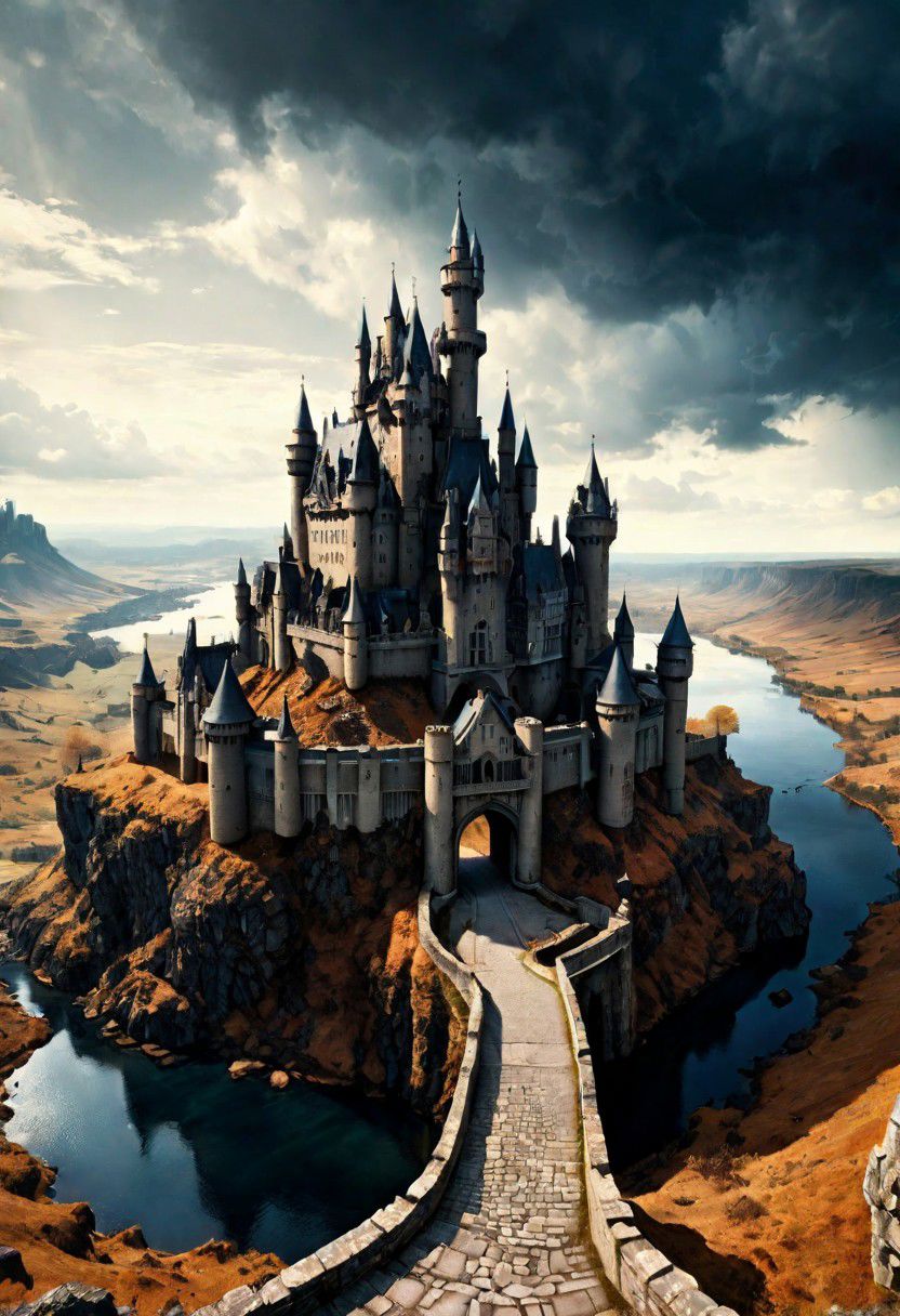 a beautiful landscape made by gas, castle, dark fantasy, epic, hyper realistic, film filter, wide lens