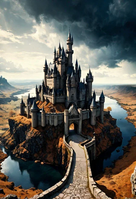 a beautiful landscape made by gas, castle, dark fantasy, epic, hyper realistic, film filter, wide lens