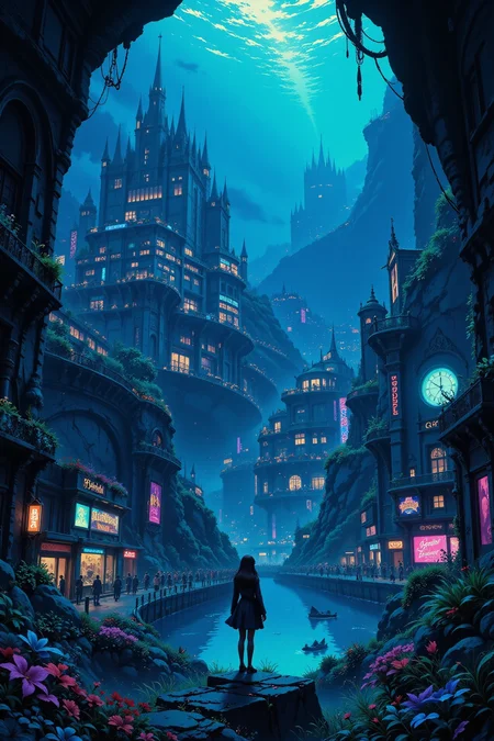 a mysterious fantasy underwater city beautiful landscape, bright luminous night, woman, very intricate, very detailed, sharp, bright, colorful, <lora:Hand v2:0.5> <lora:Anti-Blur:1><lora:Insane Detail Slider:0.25>  <lora:flux.1_lora_flyway_Epic-detail_v2:0.3> <lora:fluxenhancer:0.25> <lora:ROWER:0.6> <lora:flux-charmer-v1-1:0.4>>  <lora:Anime_style:0.8> anime style